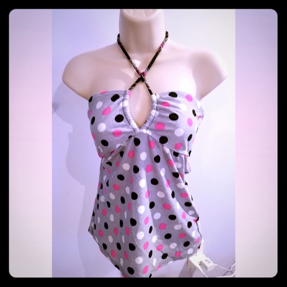 NWT Grey Multi-Colored Pokadot Halter Tankini Set